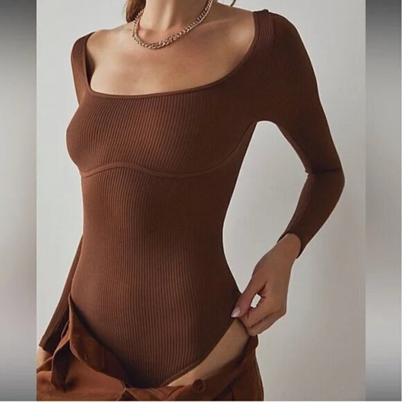 NWT Intimately Free People Meg Seamless Long-Sleeve Bodysuit Brown Sz XS/S - Picture 1 of 8